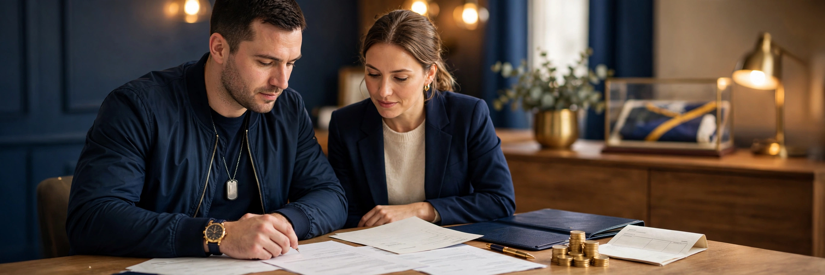 Veteran homebuyer reviewing VA funding fee documents with an advisor — stacks of coins showing the one-time funding fee cost