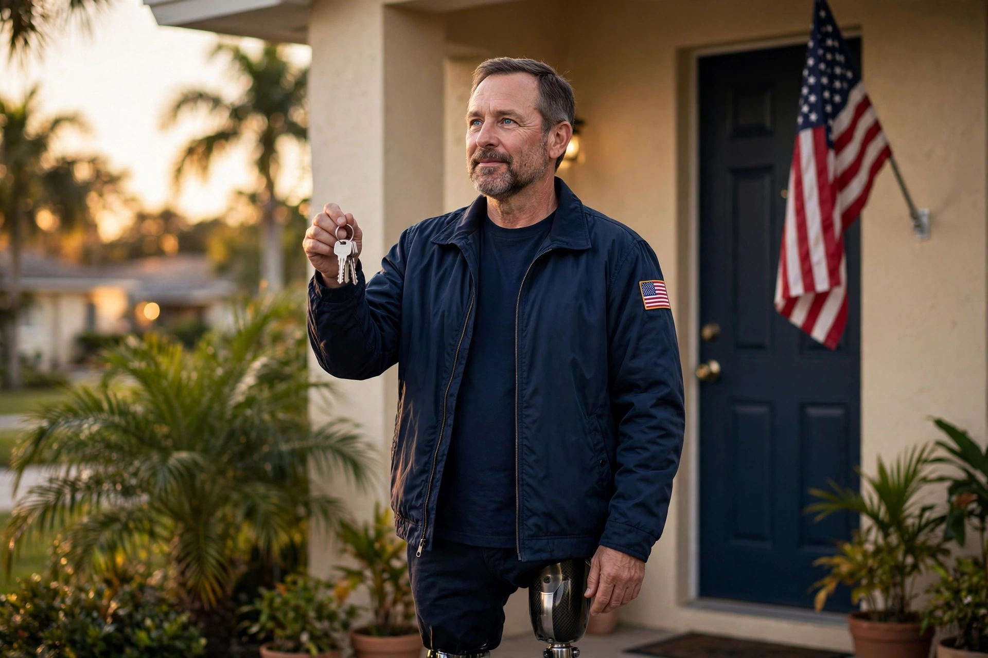 Veteran homeowner holding house keys outside a Florida home with a tax shield graphic showing zero property tax owed on a homestead under the 100 percent permanent and total disability exemption