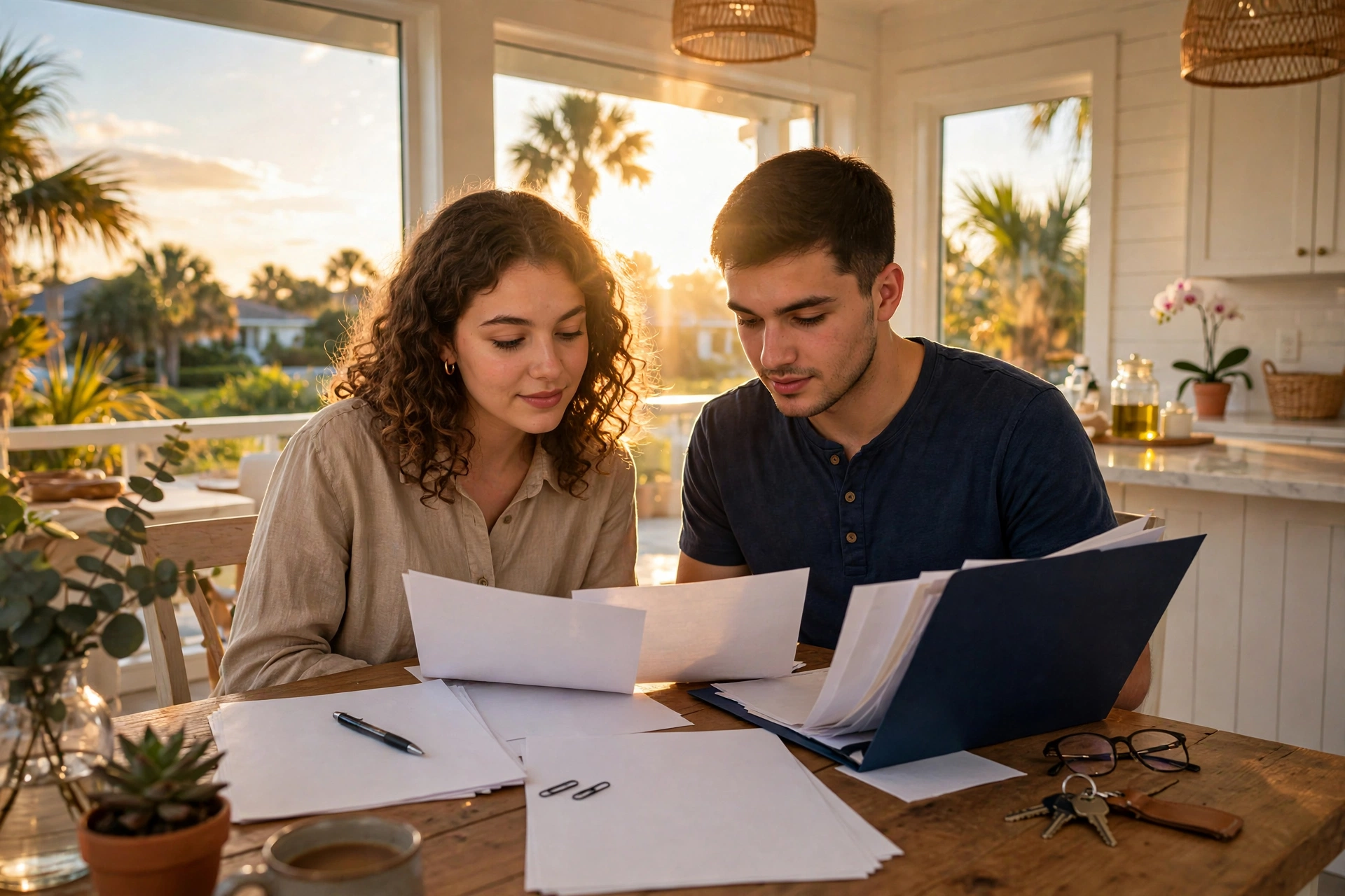 A Jacksonville couple reviewing mortgage paperwork at home — comparing FICO and VantageScore execution before choosing a lender