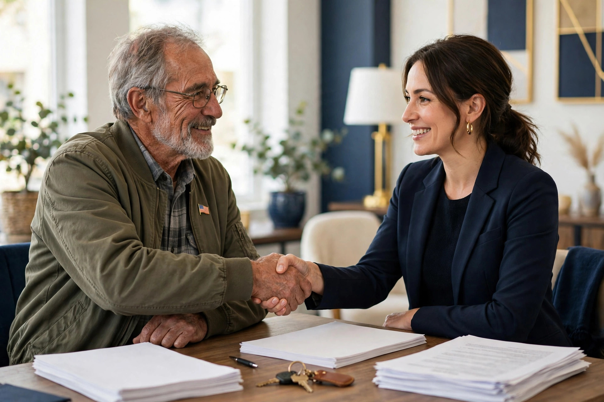 Veteran homebuyer shaking hands with a mortgage professional at a closing table
