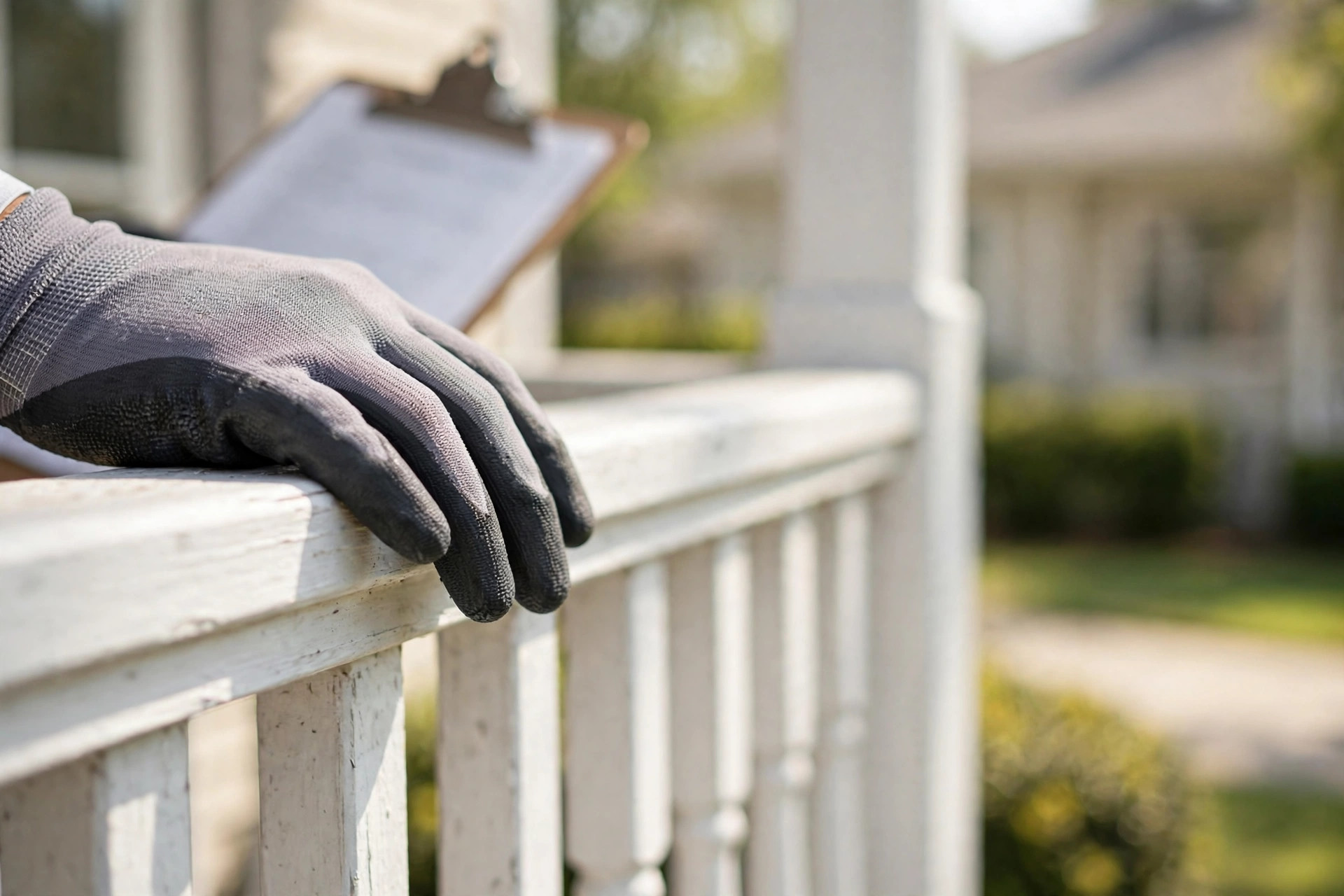 VA appraiser inspecting a home's porch railings and exterior condition during a property assessment