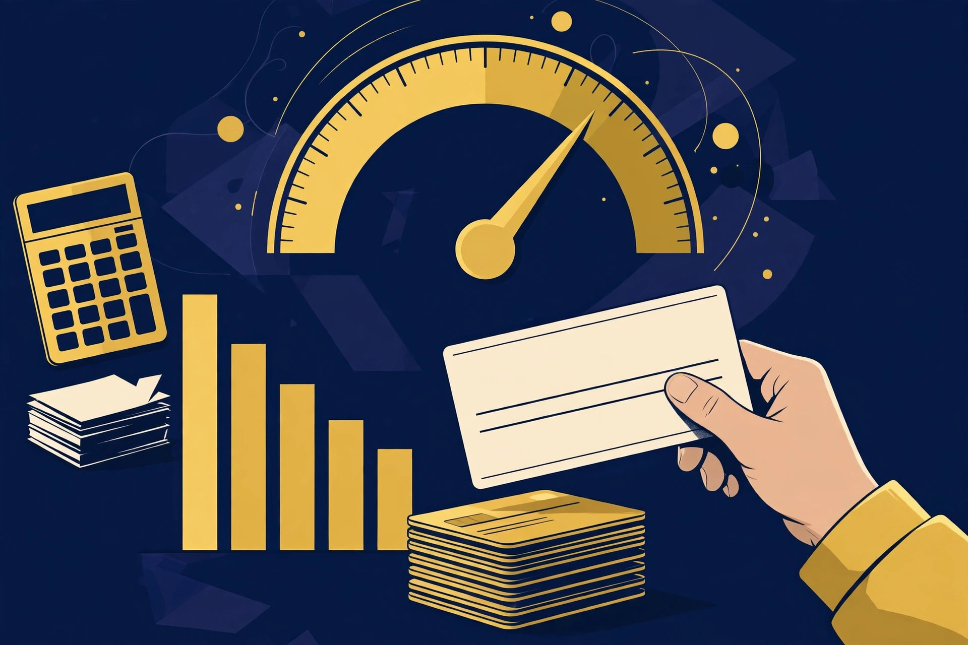 A hand paying down a stack of credit cards as balance bars shrink and a golden credit score gauge rises, illustrating how paying down debt moves your score across mortgage pricing bands