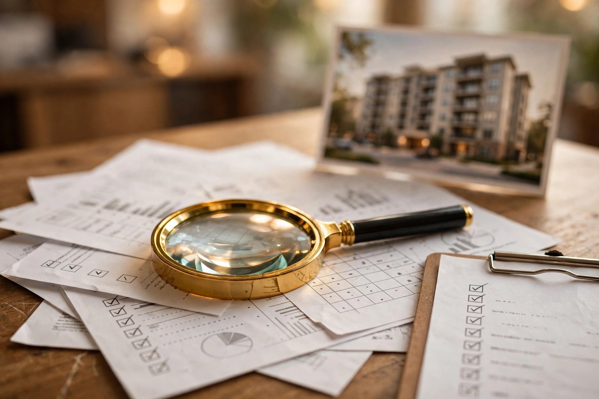 Magnifying glass over HOA financial documents and a condo project approval checklist for a VA loan condo purchase