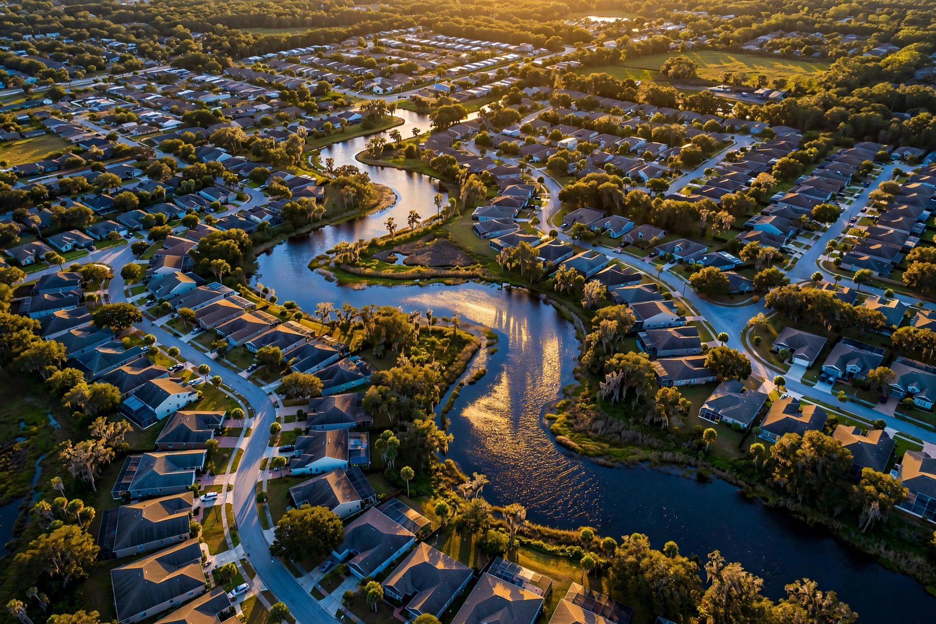 Aerial view of a suburban Jacksonville Florida neighborhood at golden hour