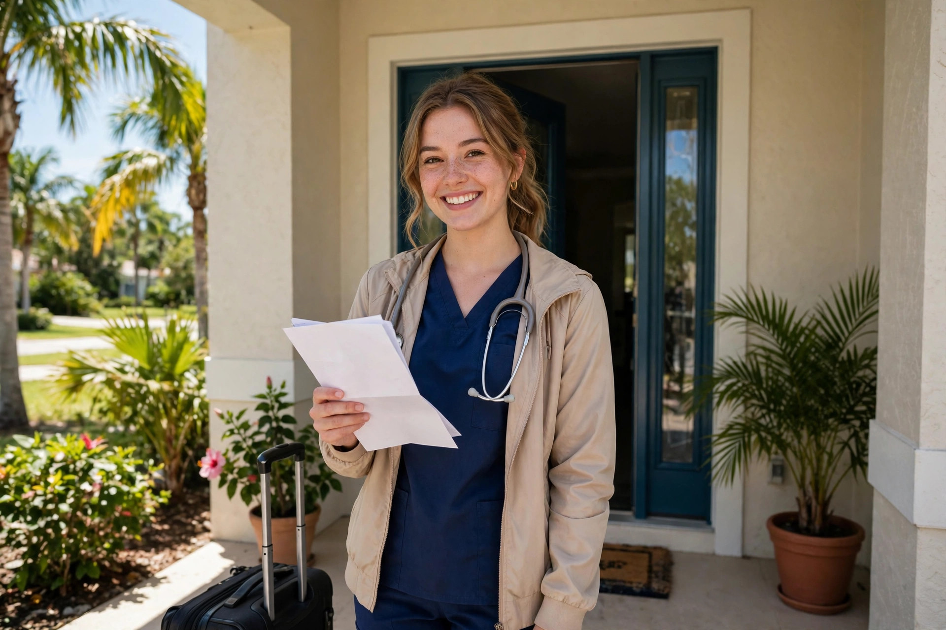 Travel nurse with suitcase and employment contract arriving at the front door of a new Florida home