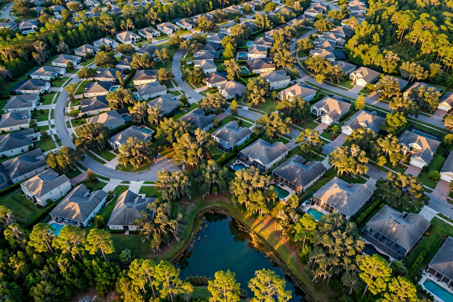 Aerial view of a Jacksonville Florida neighborhood with single-family homes