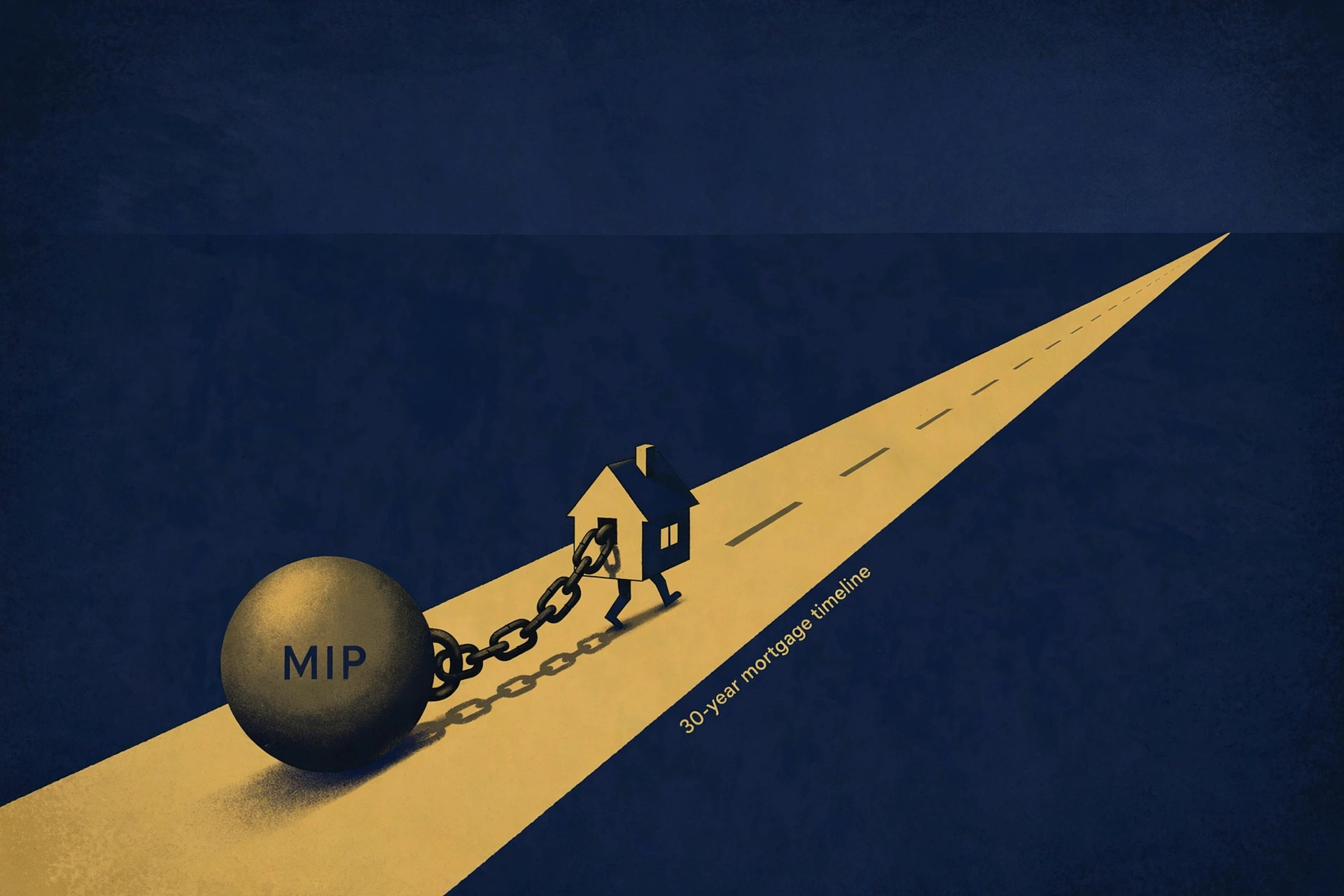 A house chained to a heavy ball labeled MIP walking an endless 30-year mortgage timeline road
