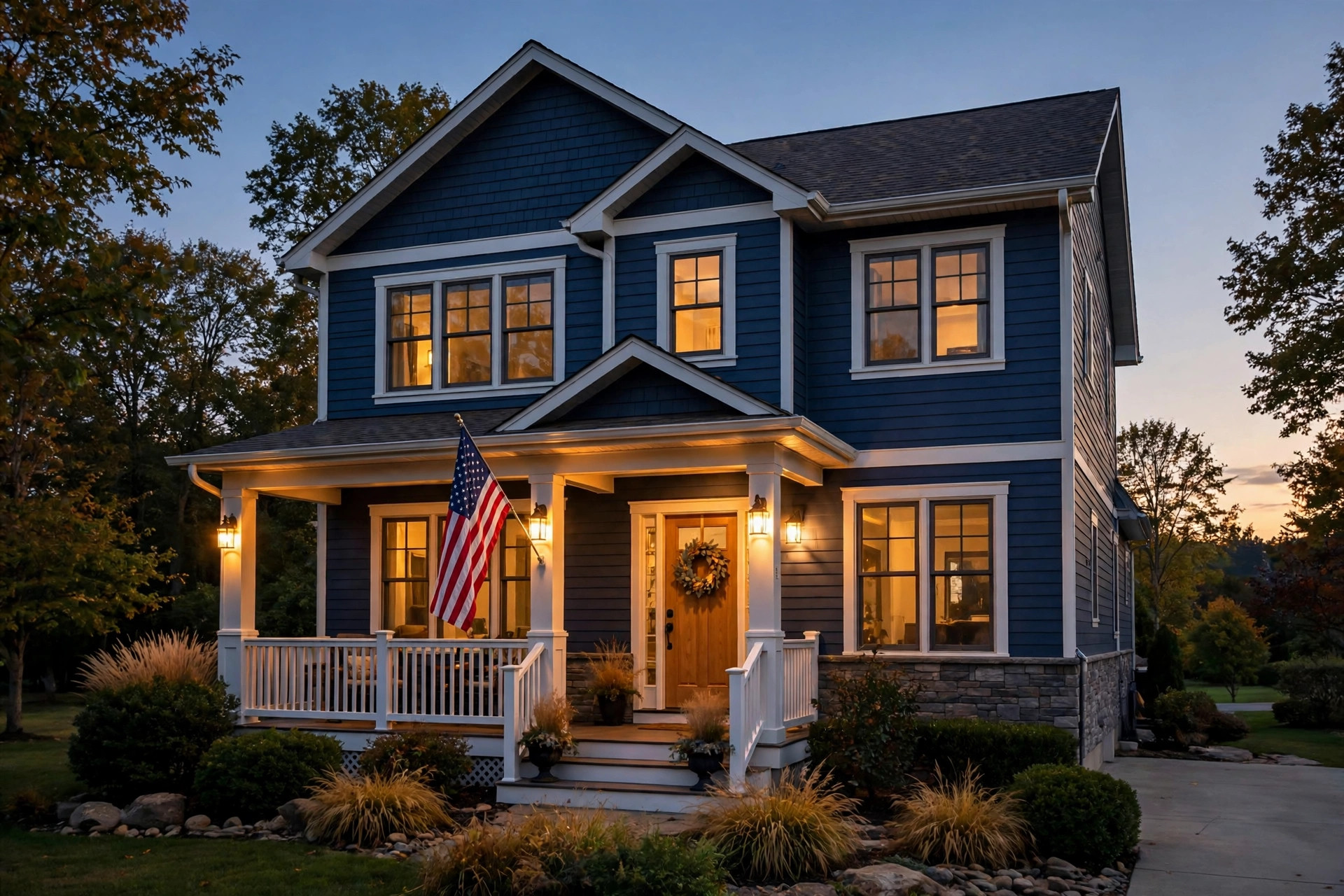 A suburban home with an American flag on the porch at dusk