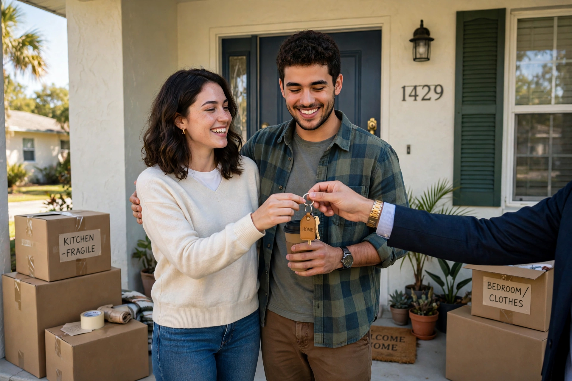A young couple receiving the keys to their new Florida home