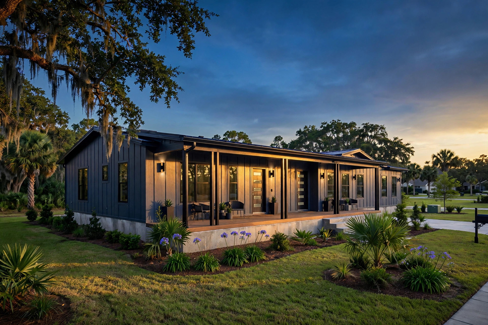 Modern manufactured home on a permanent foundation in Jacksonville Florida at golden hour — VA loan eligible property