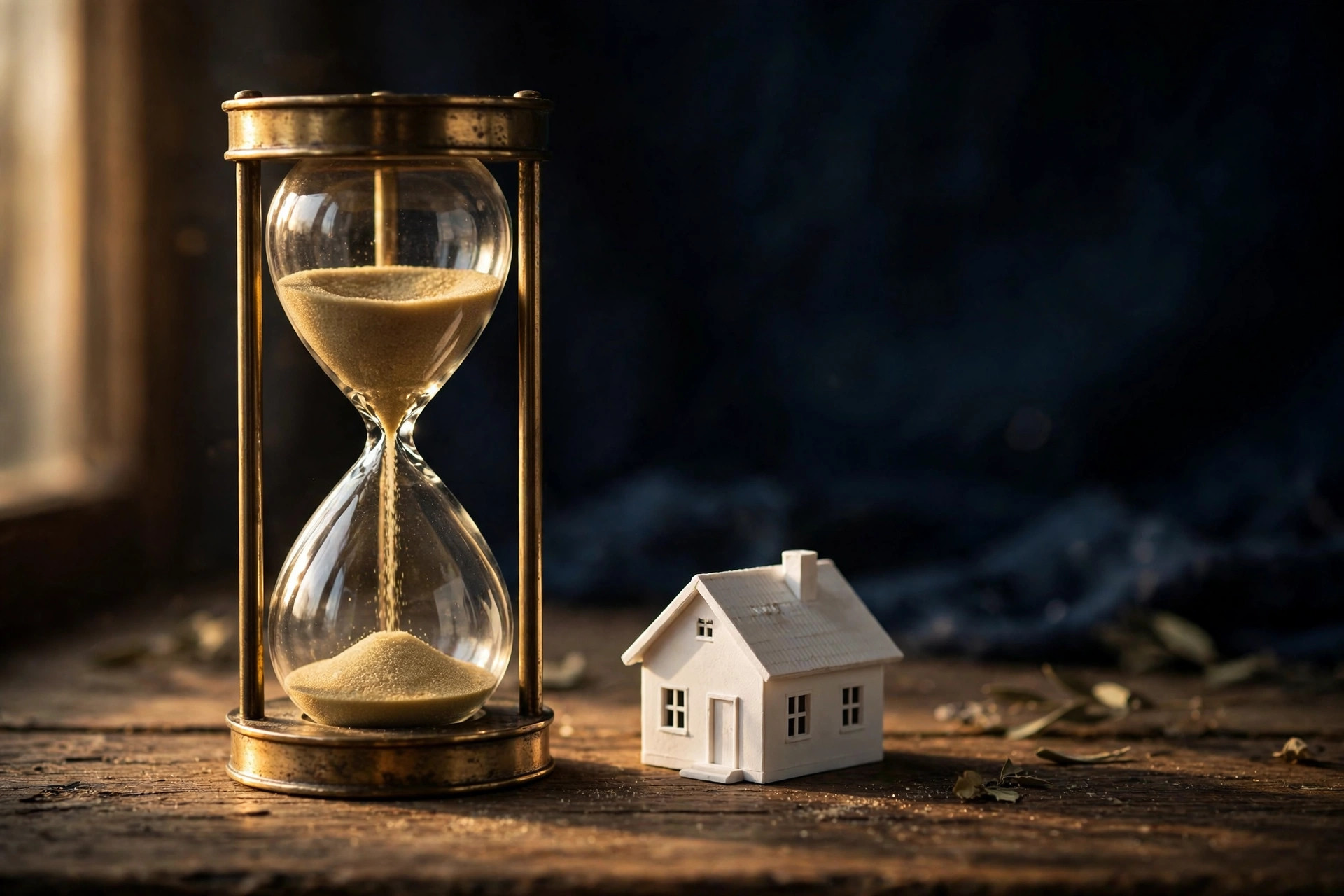 Hourglass beside a small model house on a warmly lit desk, symbolizing VA loan waiting periods, no text.