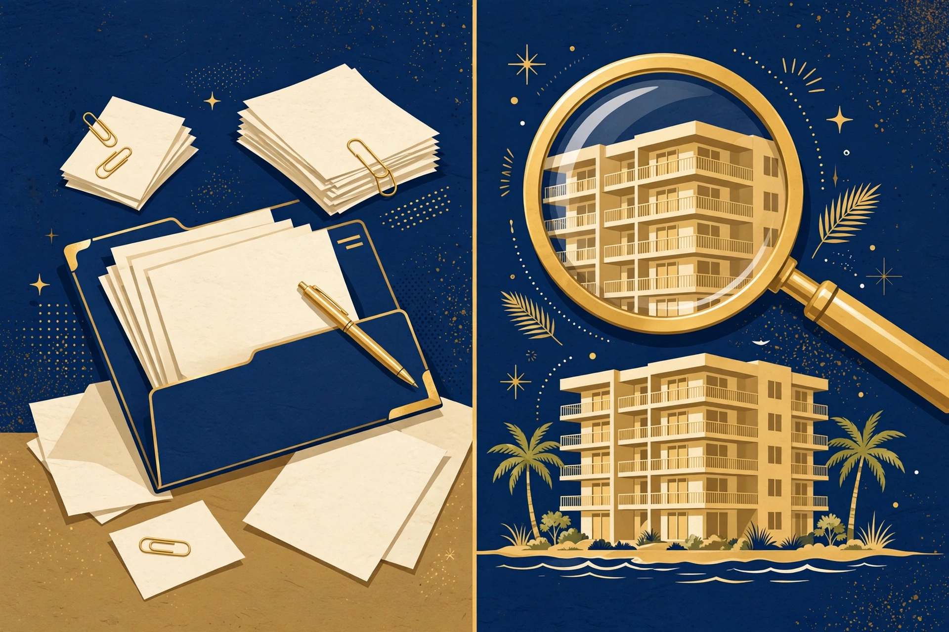 Split illustration: mortgage paperwork on one side and a Florida condo building under a magnifying glass on the other — the two hurdles of condo underwriting