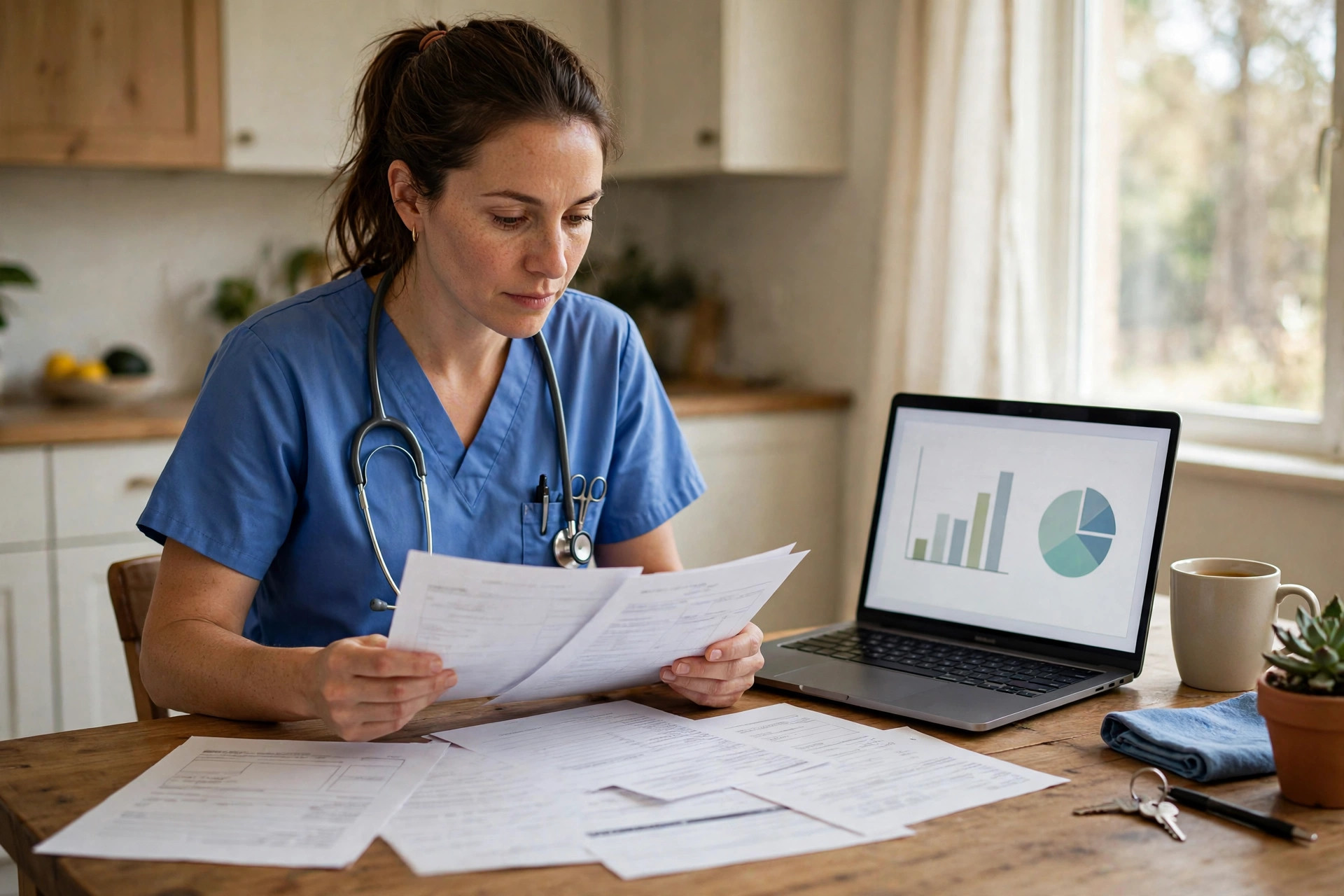 Nurse reviewing pay stubs, W-2 forms and overtime history at home to document income for a mortgage application