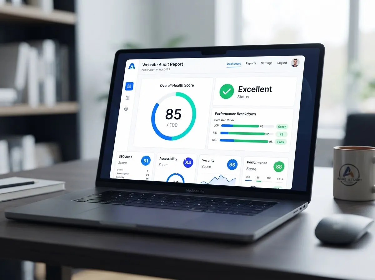 Online marketing audit report showing business performance and visibility scores
