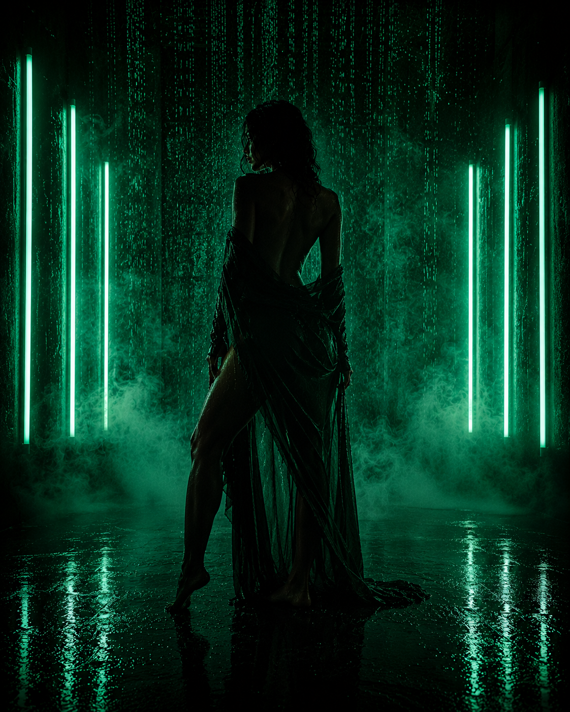 Emerald Hour green witch boudoir in the Rain Room under green neon at Blushed Boudoir Utah