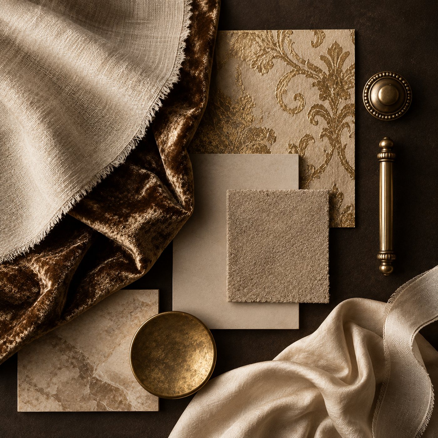 Linen, velvet, wallpaper and brass hardware laid out for a photography studio set design plan