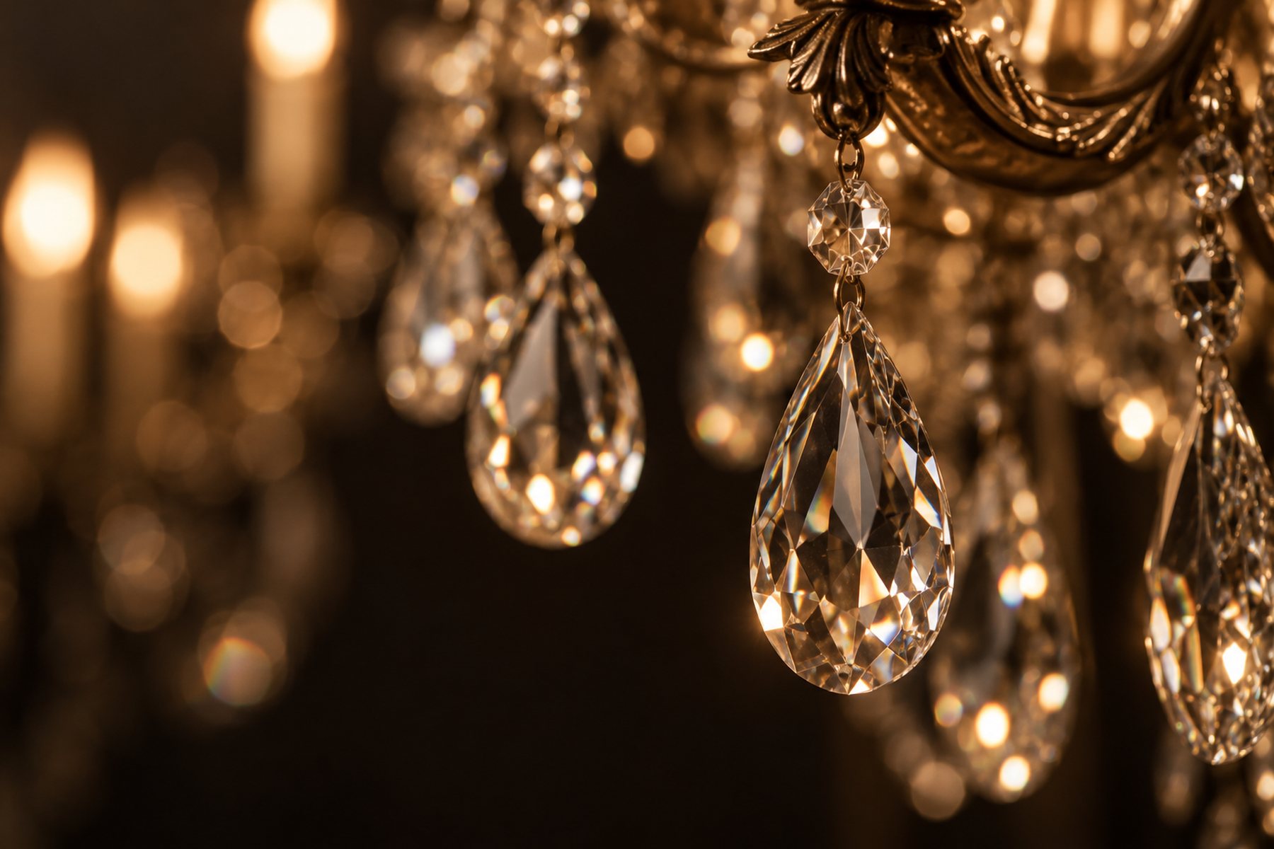 Crystal chandelier drops catching warm candlelight