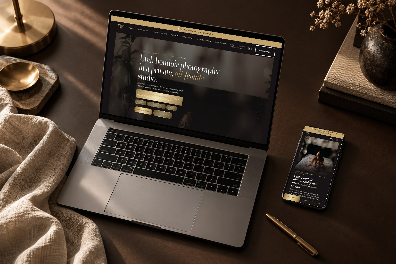 Custom photography website design shown on a laptop and phone, built in Squarespace for a boudoir studio