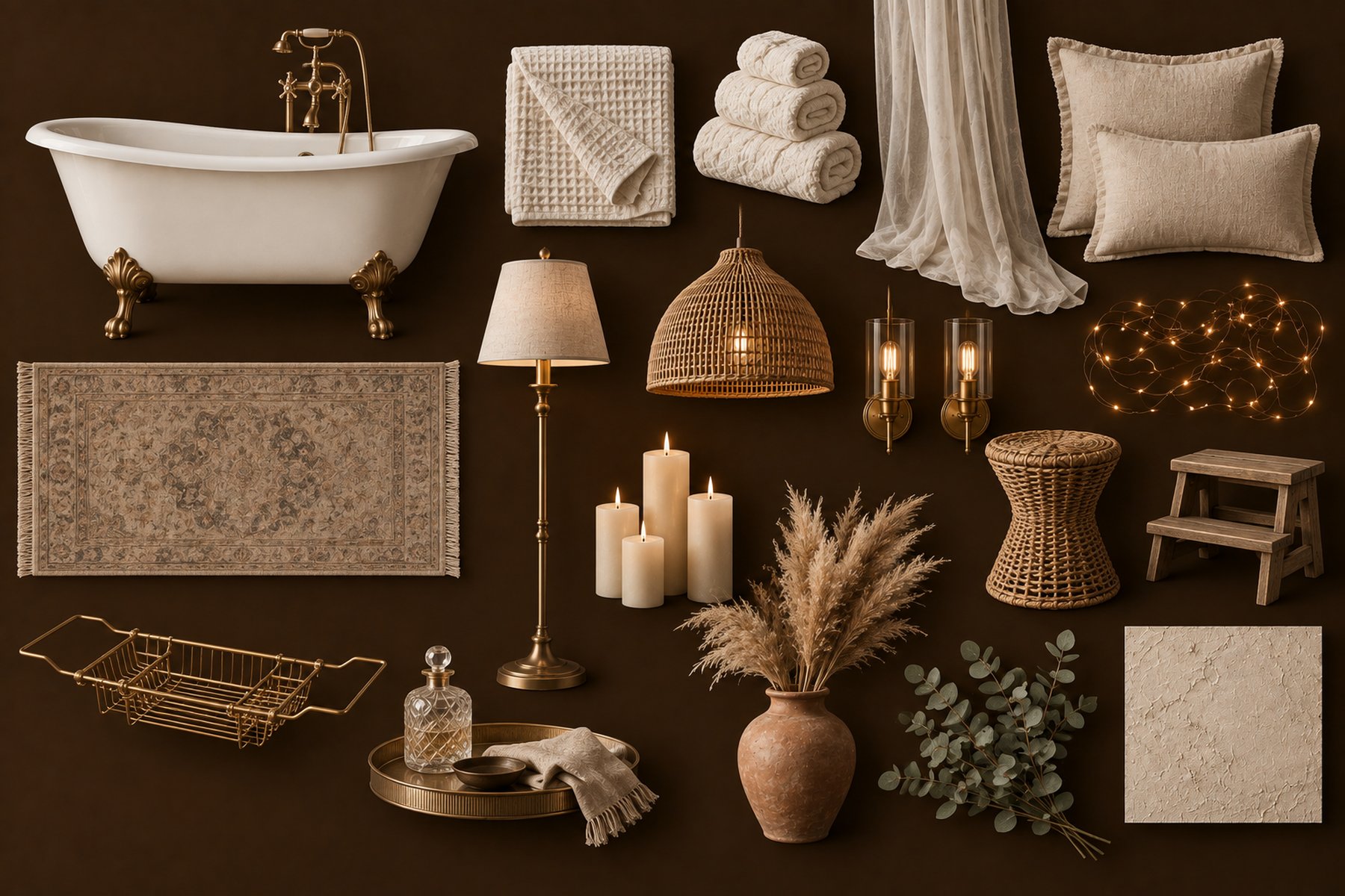 An example set palette — clawfoot tub, linen, rattan, brass lighting and dried stems