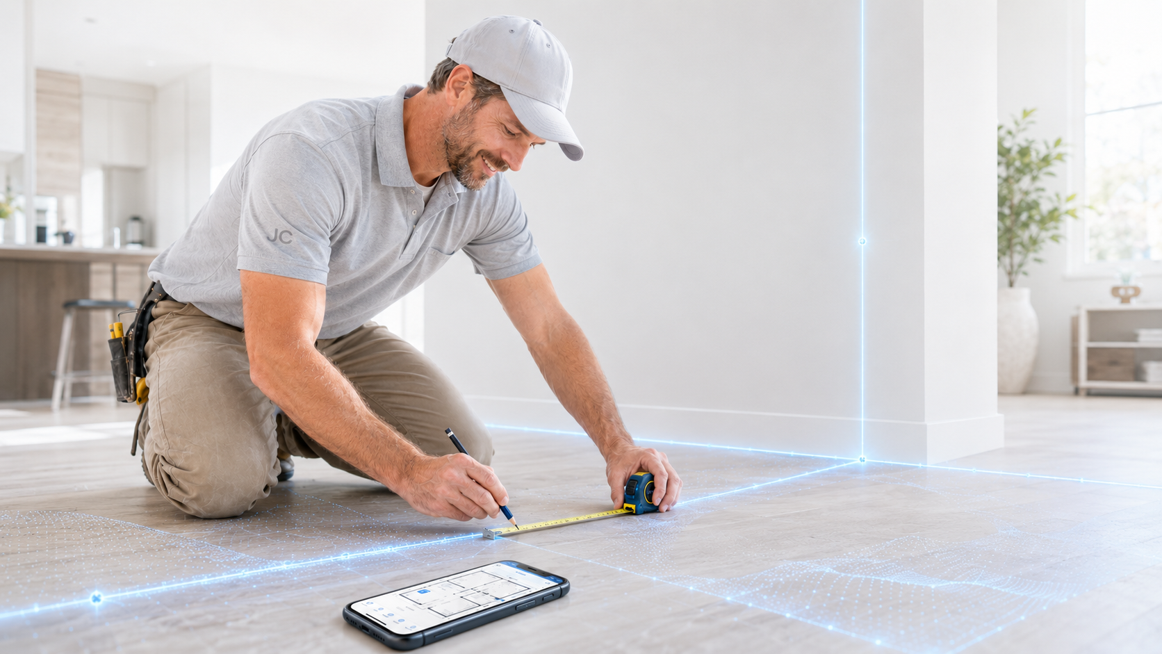 Contractor collecting measurements and job details