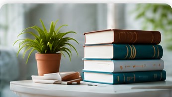 Stack of books beside a small plant