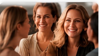 Three women smiling and talking
