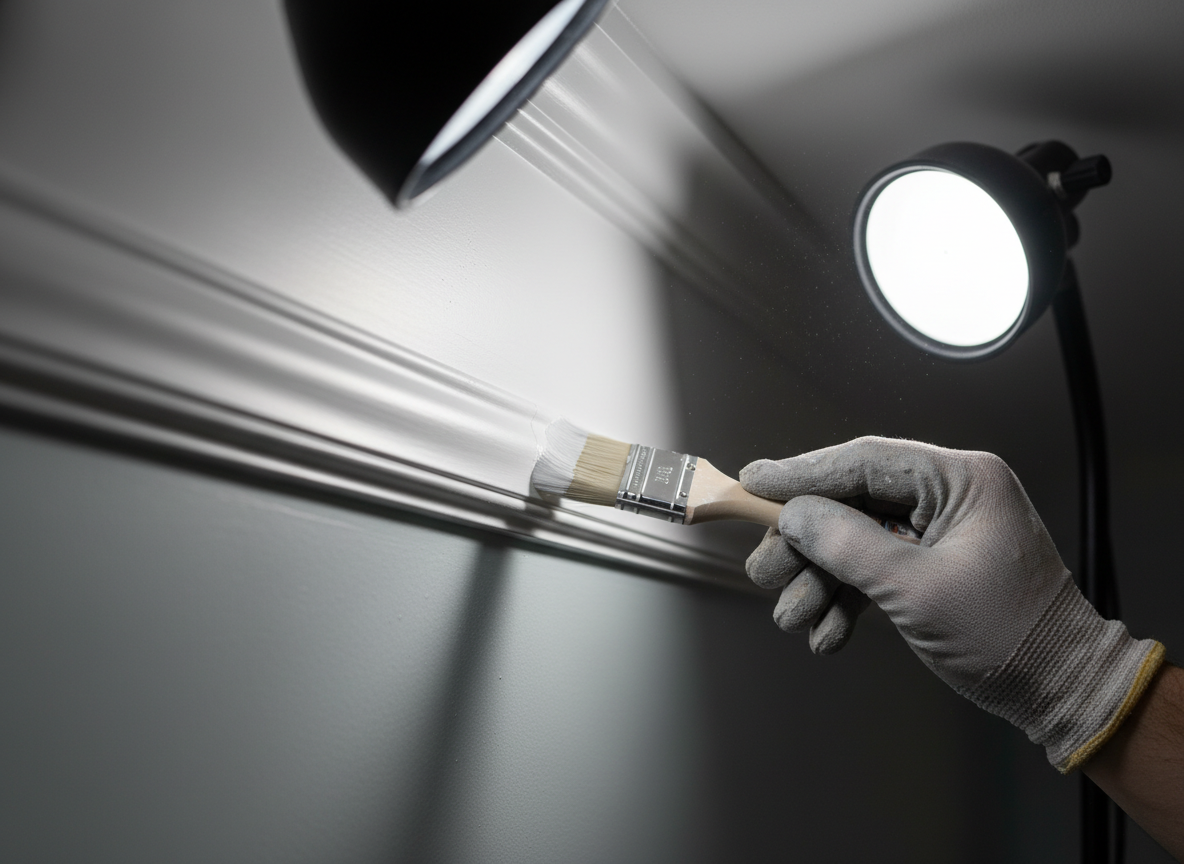 Professional painter using a high-quality brush to paint precise edges on a white baseboard.