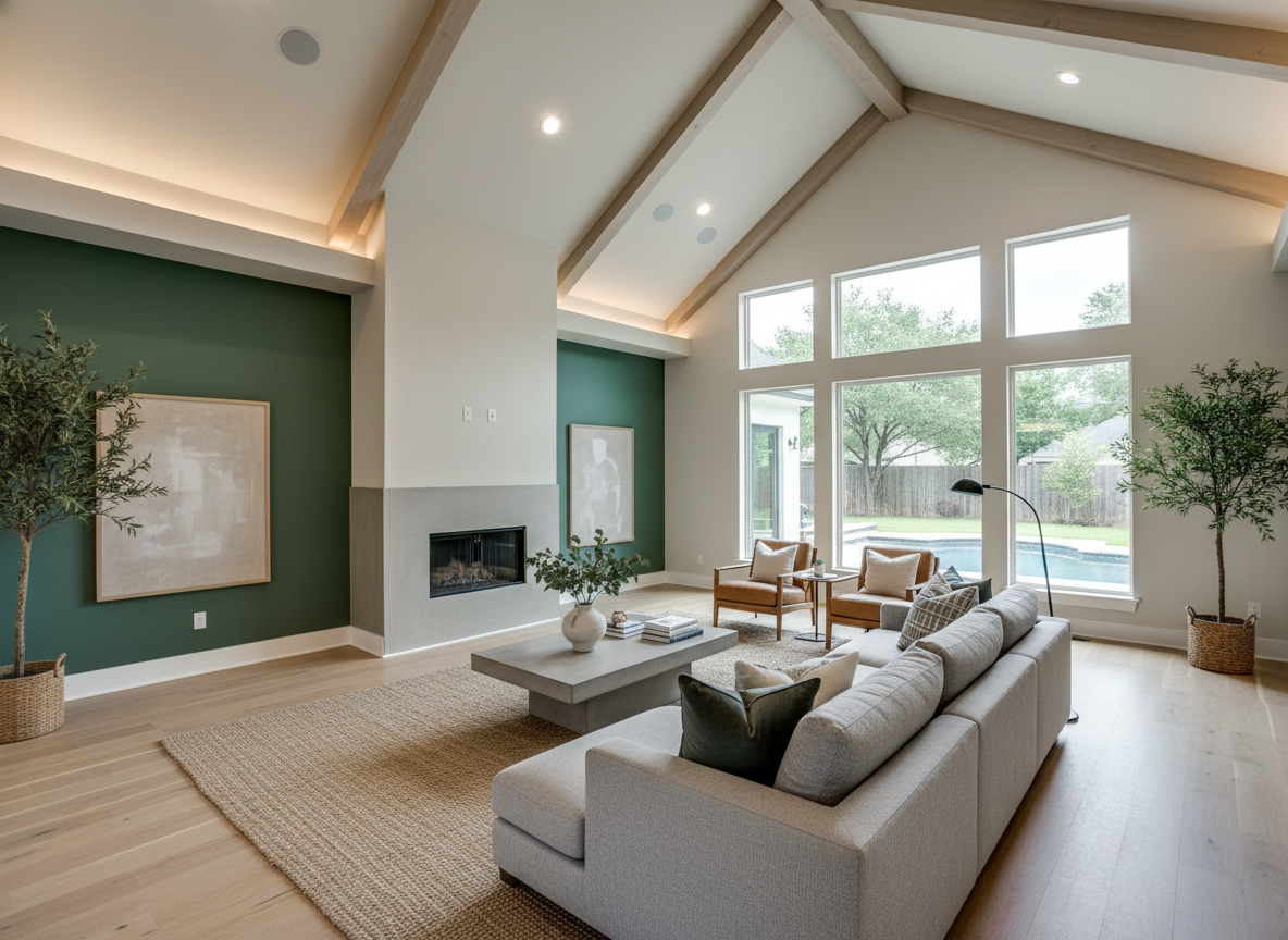 Luxury Cypress TX living room with high ceilings, greige painted walls, and crisp white trim.