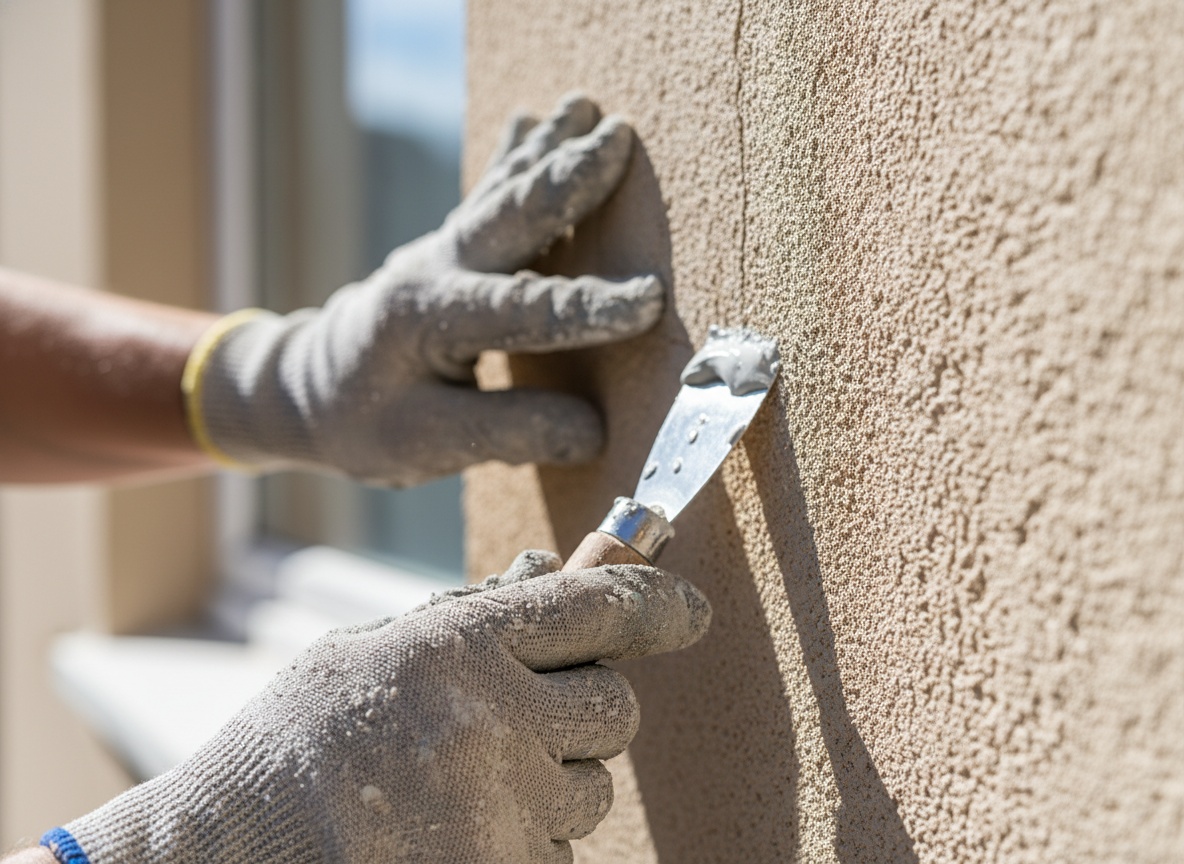 Painter repairing a small crack in a stucco wall using a putty knife and specialized masonry filler.