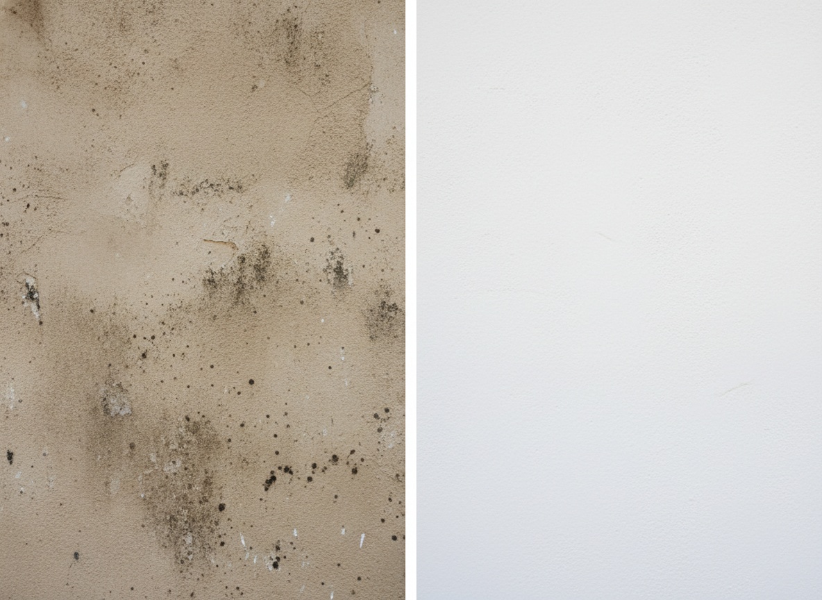 Before and after professional stucco wall preparation, showing cleaning and priming for a quality exterior paint job.