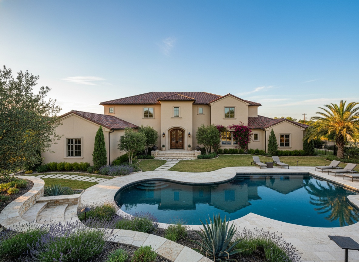 Luxury Mediterranean home in Cypress Texas featuring beige stucco, dark roof tiles, and professional landscaping.