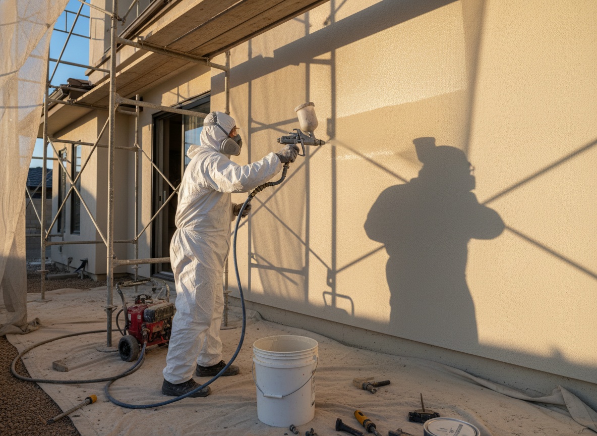 Professional painter using an airless sprayer to apply beige coating to an exterior stucco wall.