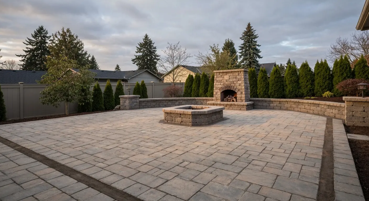 Hardscape project with stone patios and fire features