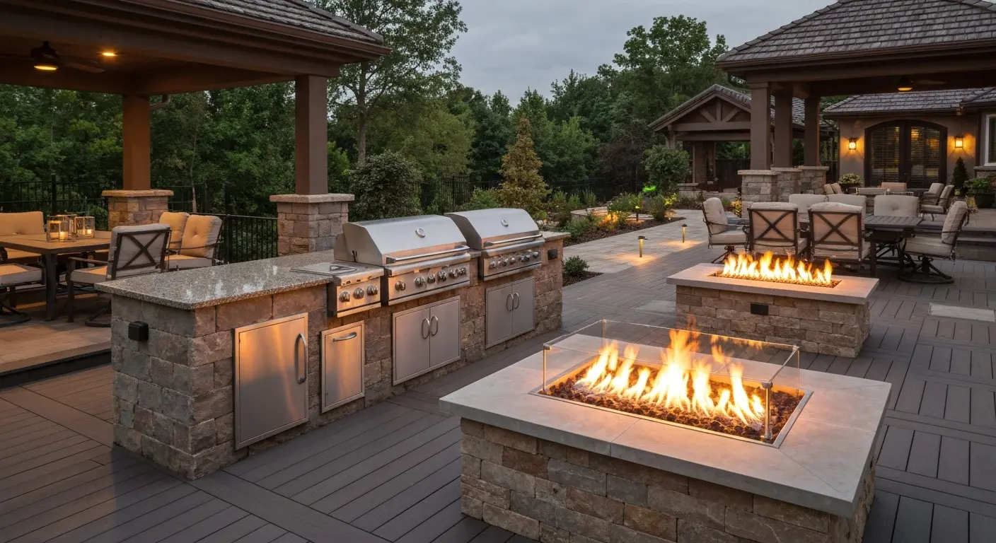 Outdoor living space with kitchen and fire feature