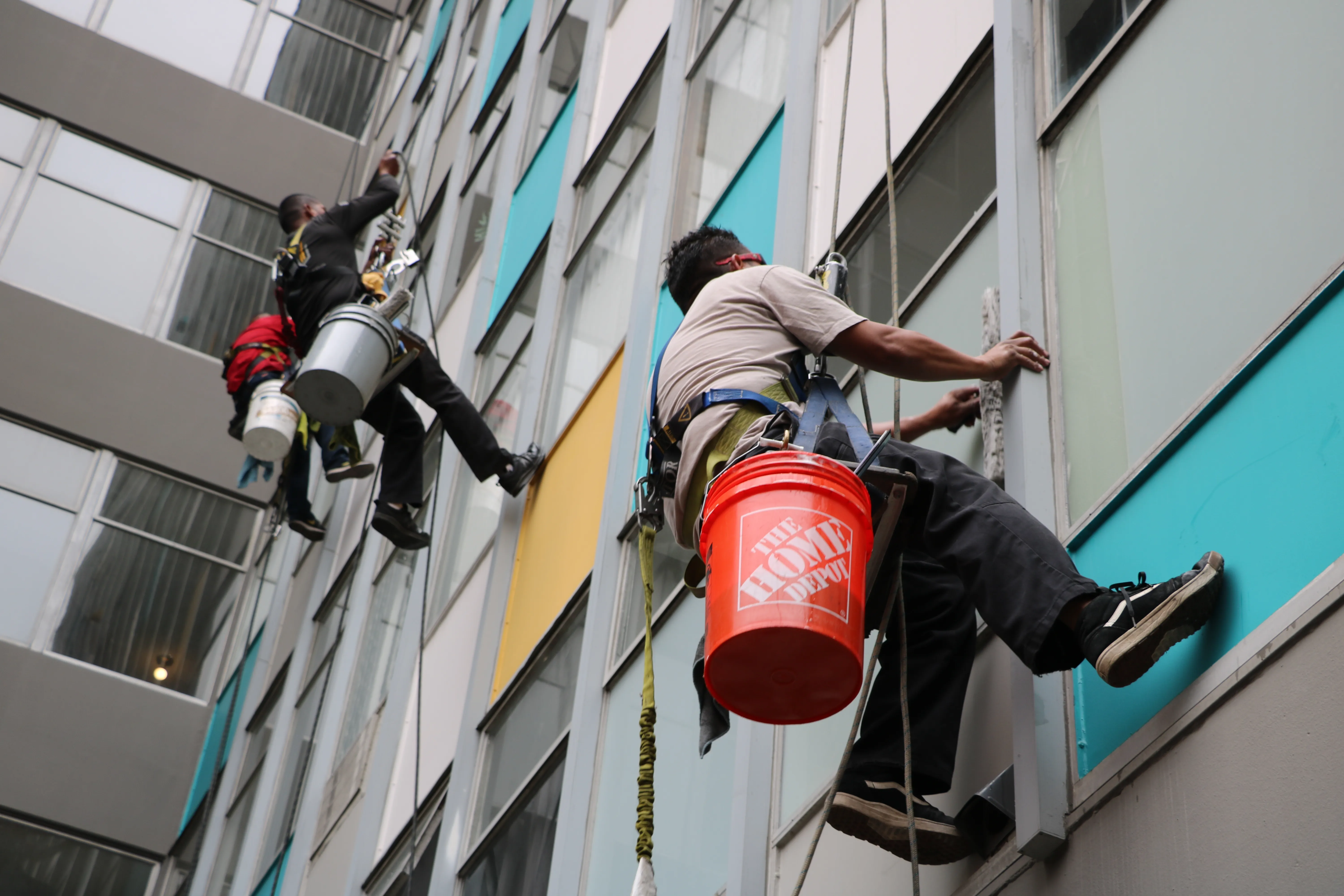 Commercial building window cleaning crew