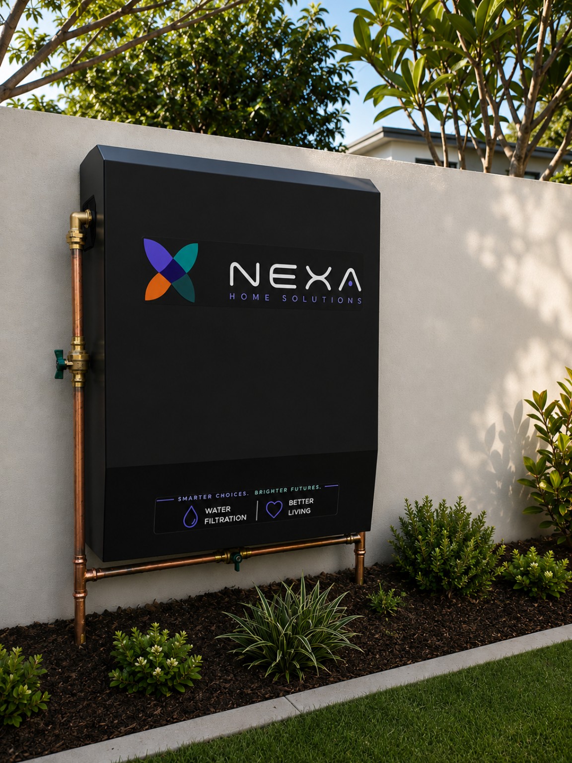 Black NEXA whole-home water filtration system installed outside a home