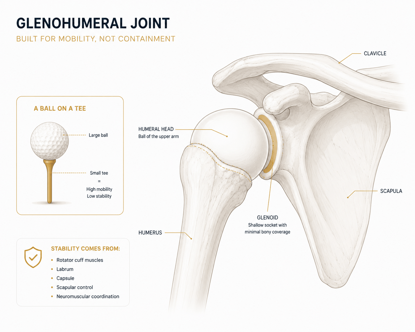 medical illustration of the human glenohumeral shoulder joint, showing the ball of the humerus resting on the shallow glenoid socket