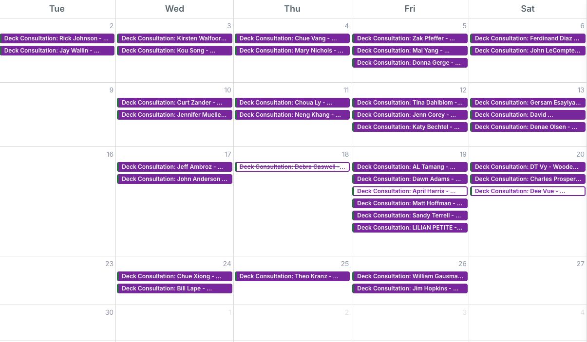 A calendar full of confirmed deck estimate appointments