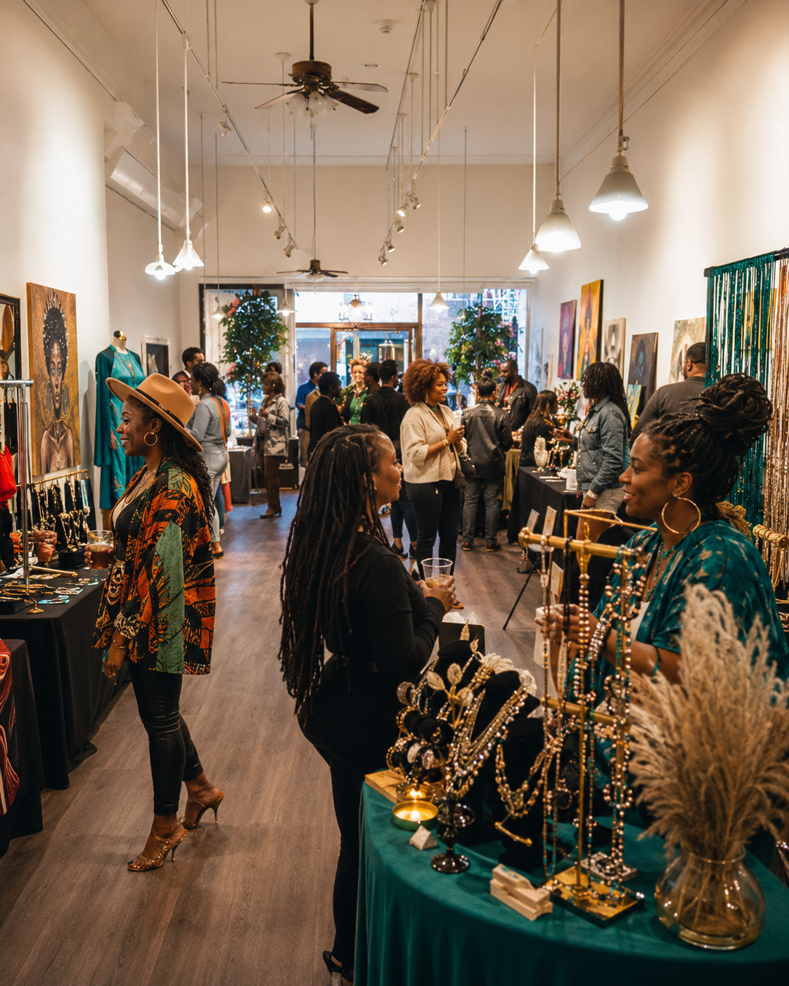 Upscale curated art gallery and community pop-up marketplace inside The Gallery
