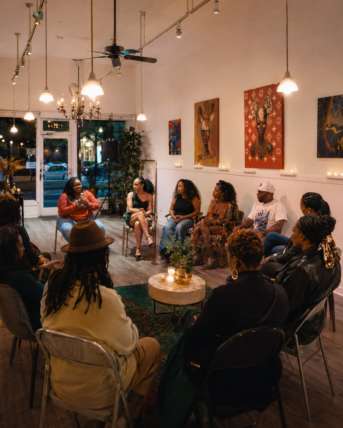 Upscale curated art gallery and community pop-up marketplace interior