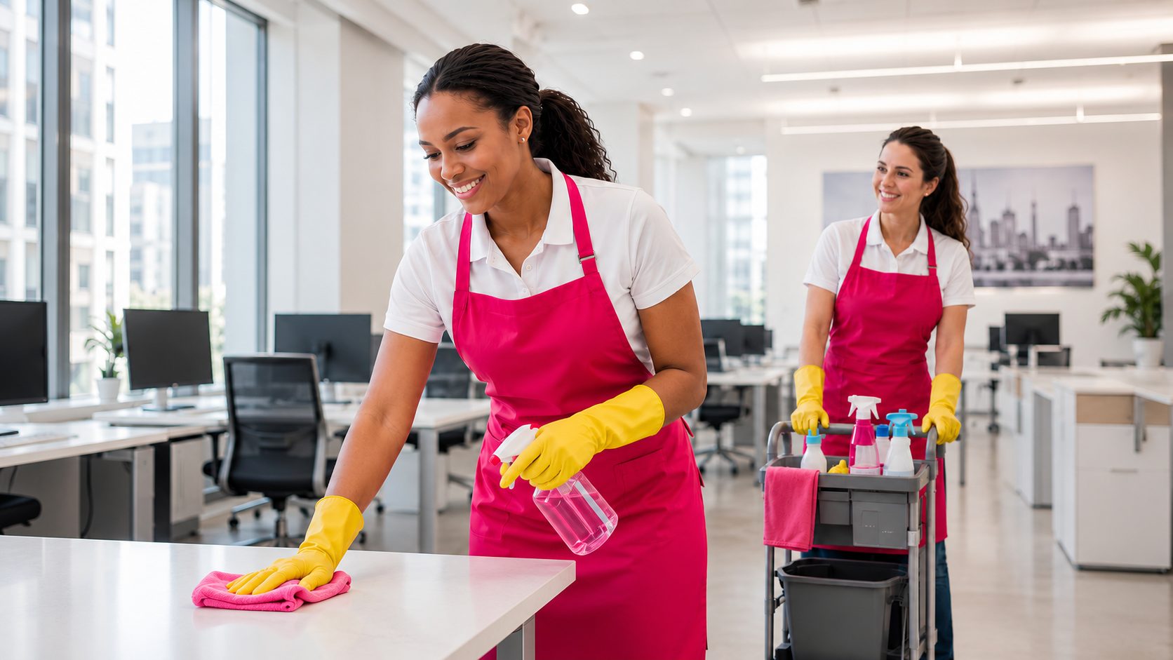 Two cleaners wiping desks in a bright office