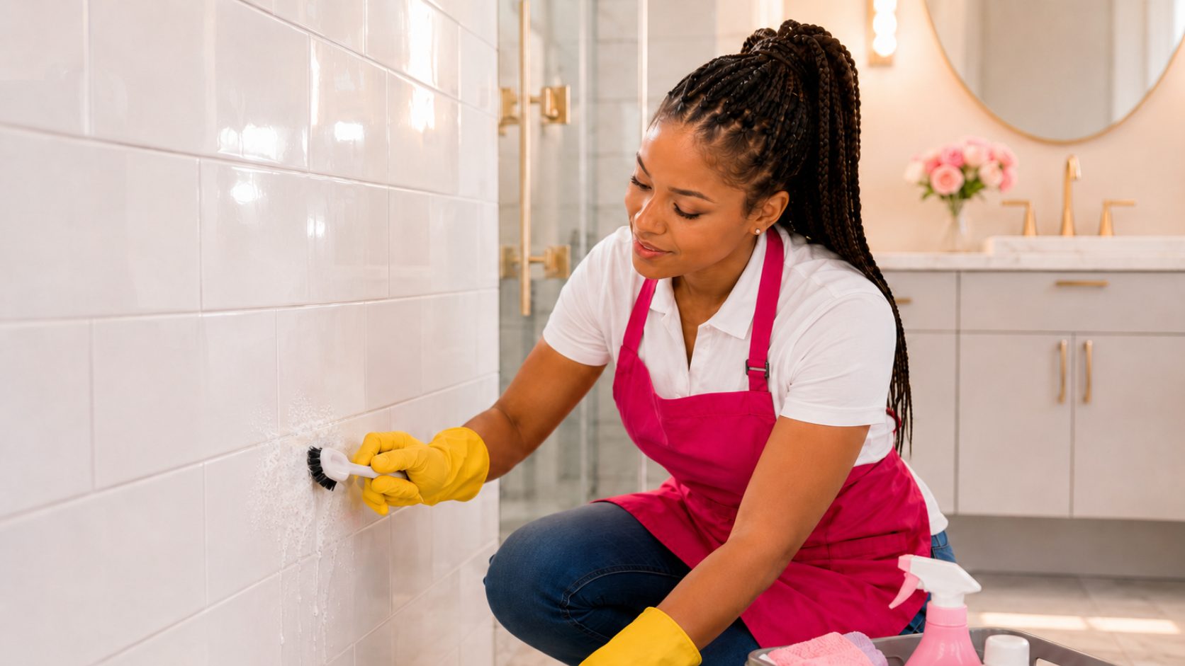 Cleaner scrubbing bathroom tile