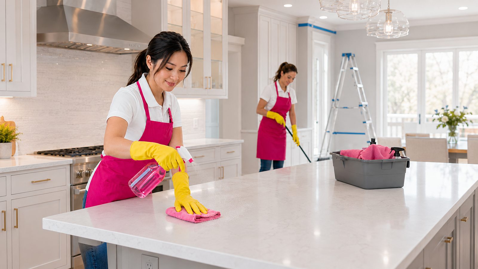 Two cleaners clearing renovation dust in a new kitchen