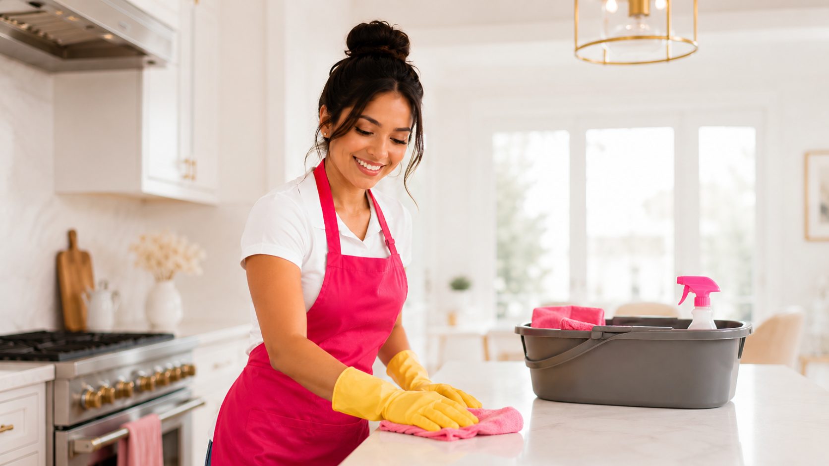 Smiling cleaner in a bright kitchen