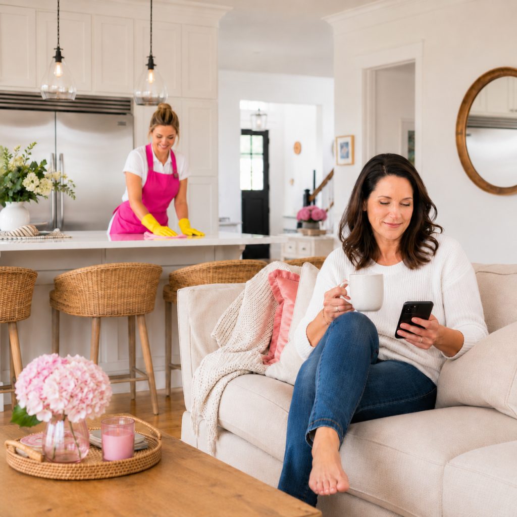 A Tina's cleaner wiping a kitchen counter while the homeowner relaxes on the couch