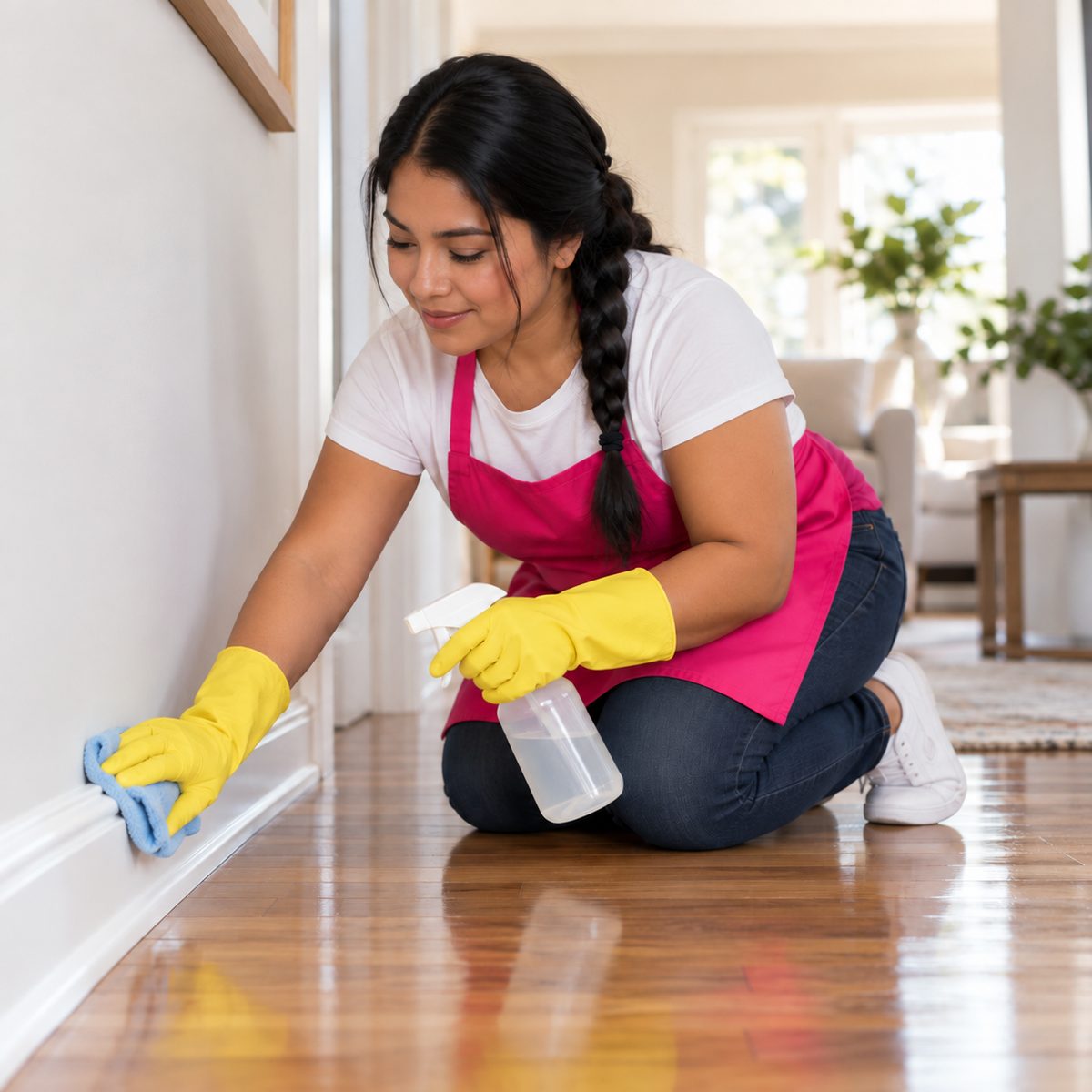 Tina's cleaner hand-wiping a baseboard during a deep clean