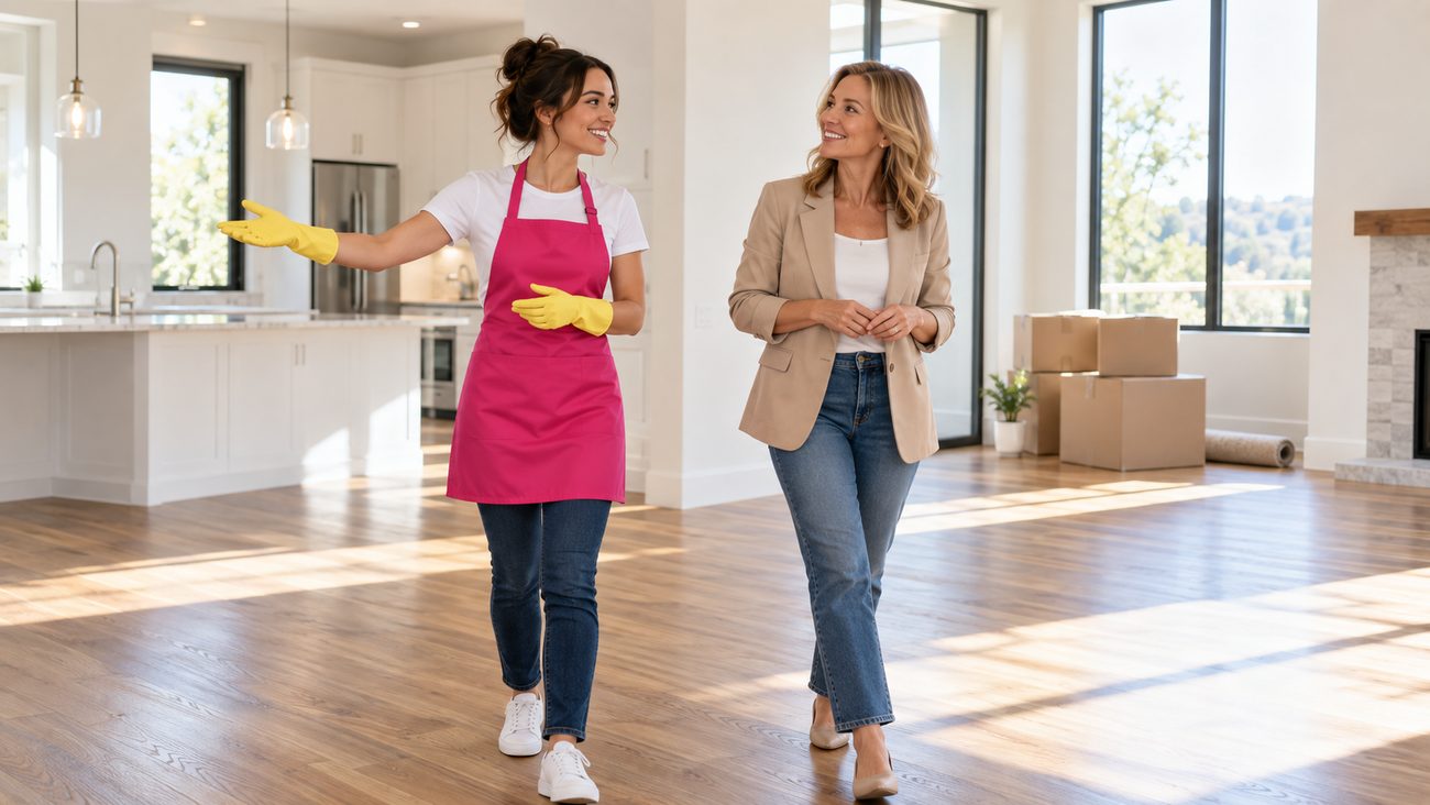 Tina's cleaner walking a client through an empty home on moving day