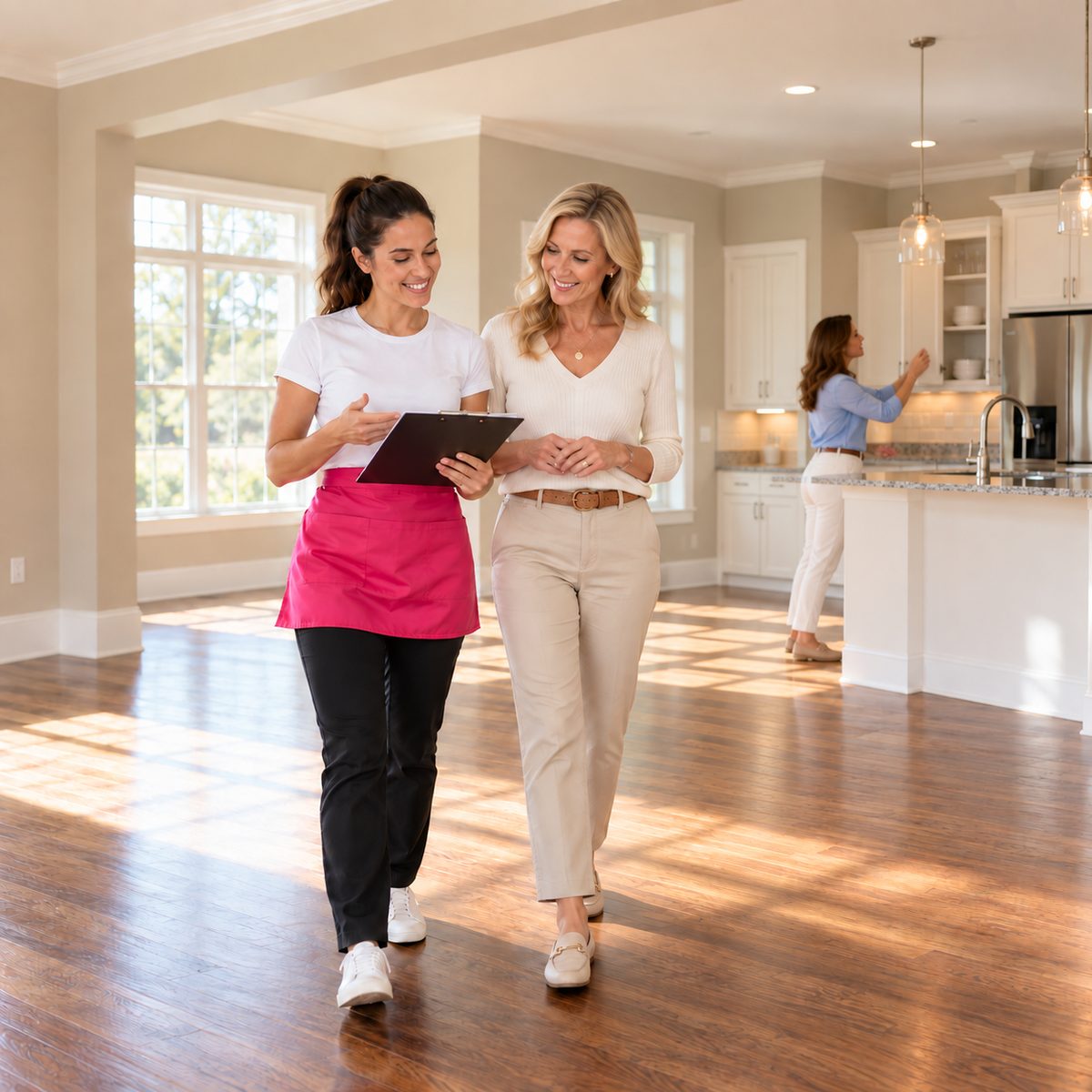 Tina's cleaner walking a client through a freshly cleaned, empty home after a move-out clean