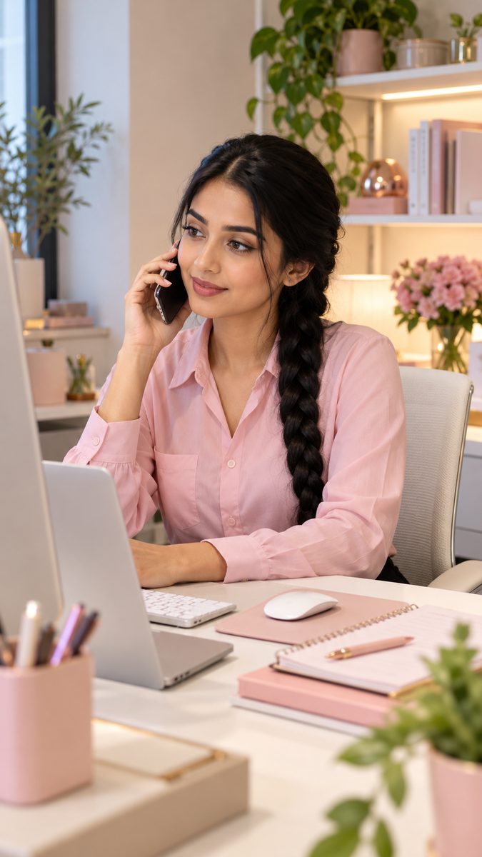 Tina's office team member on a call at her desk
