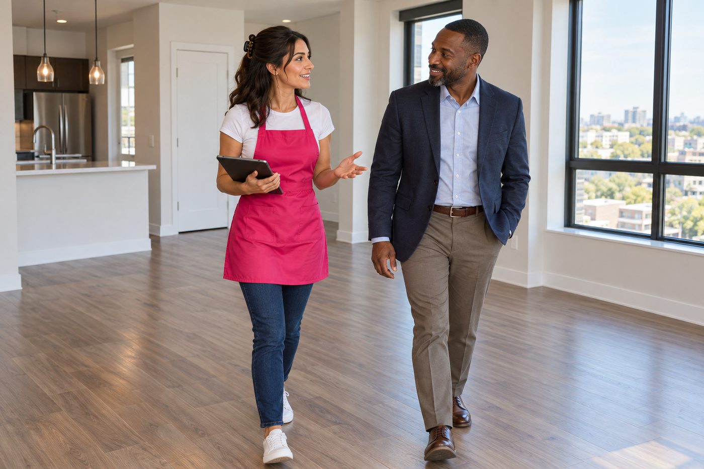 Tina's cleaner walking a client through an empty home on moving day